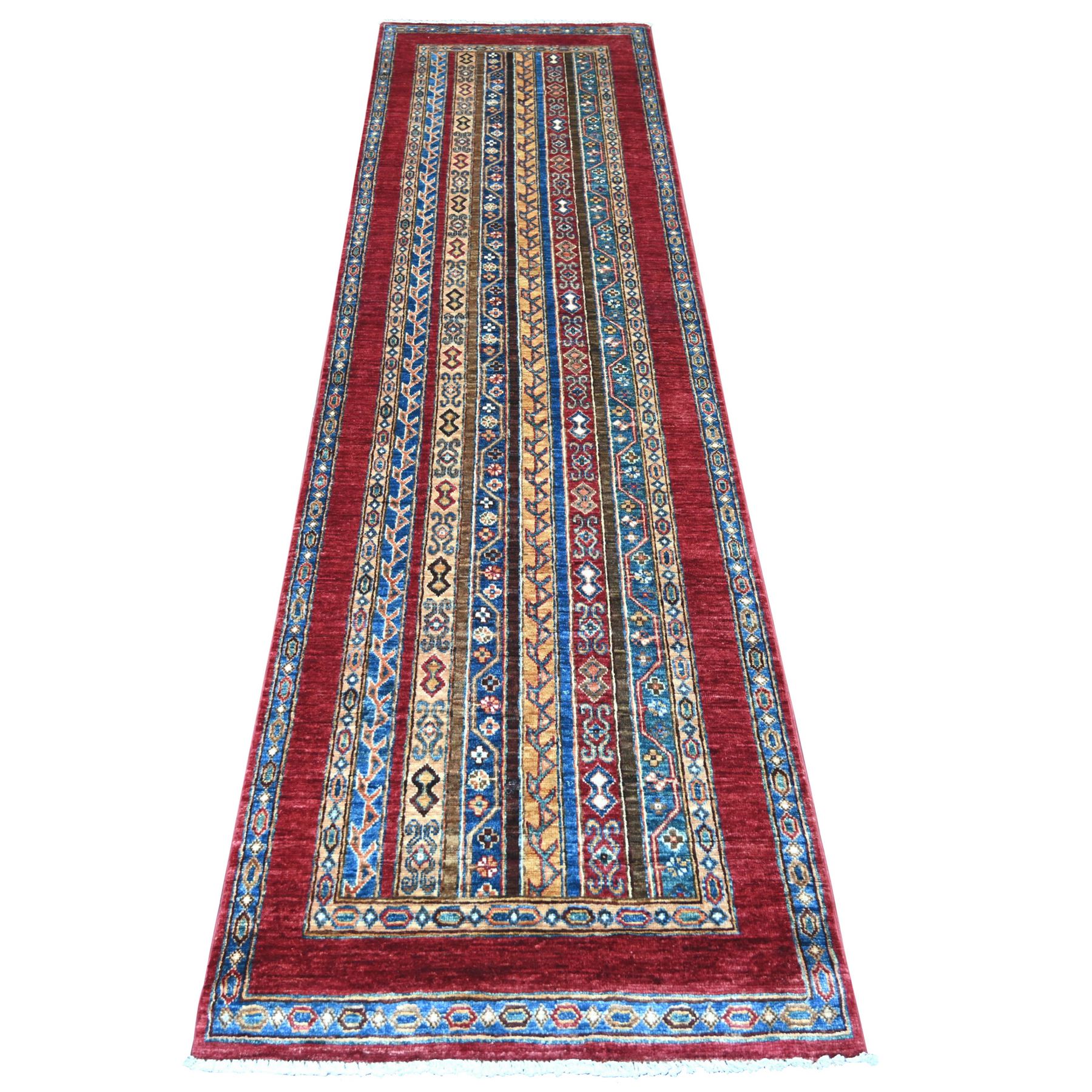 Jam Red, Afghan Super Kazak with Shawl Design, Hand Knotted, Soft and Shiny Wool, Vegetable Dyes, Runner, Oriental Rug
